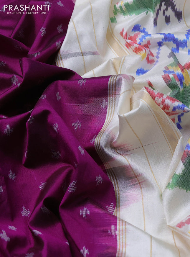 Pochampally silk saree purple and cream with allover ikat butta weaves and temple design ikat woven zari border