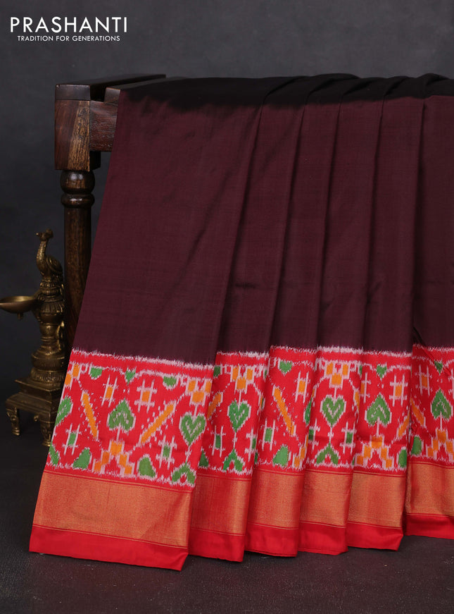 Pochampally silk saree coffee brown and red with plaun body and long ikat woven zari border