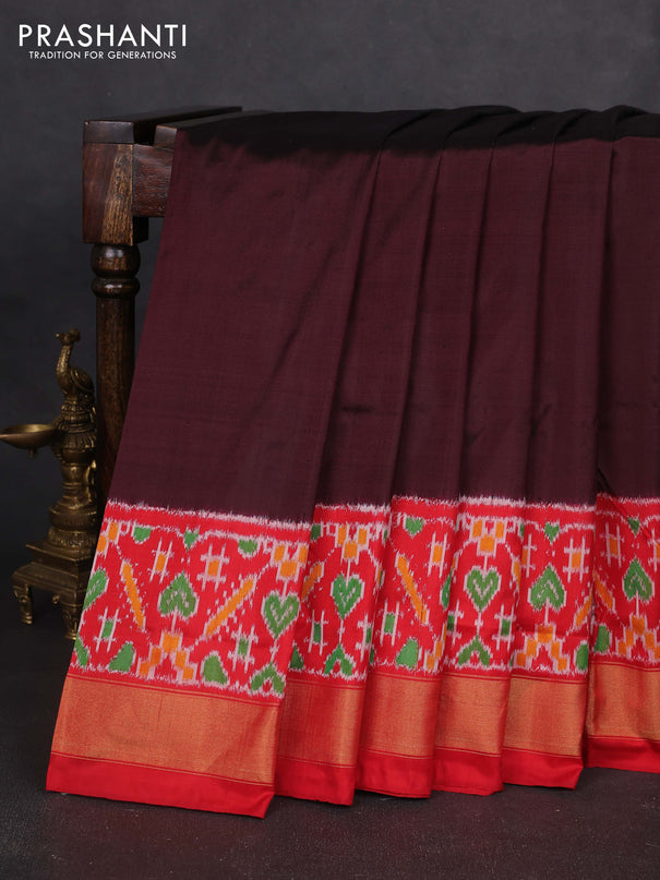Pochampally silk saree coffee brown and red with plaun body and long ikat woven zari border