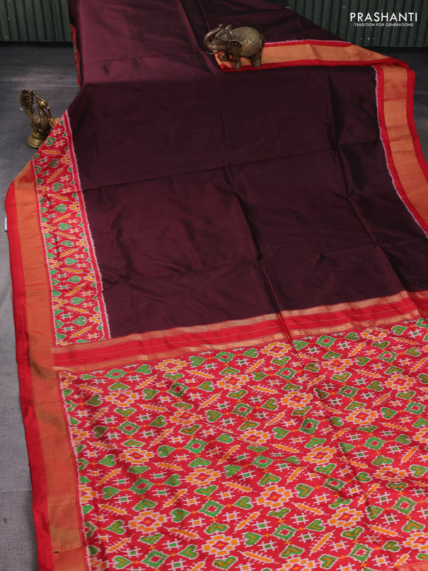Pochampally silk saree coffee brown and red with plaun body and long ikat woven zari border