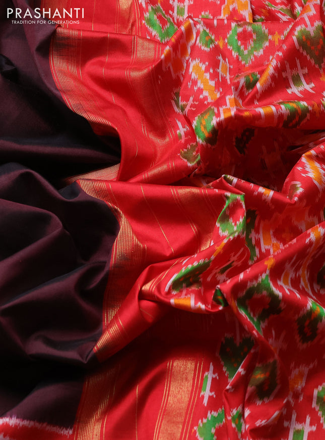 Pochampally silk saree coffee brown and red with plaun body and long ikat woven zari border