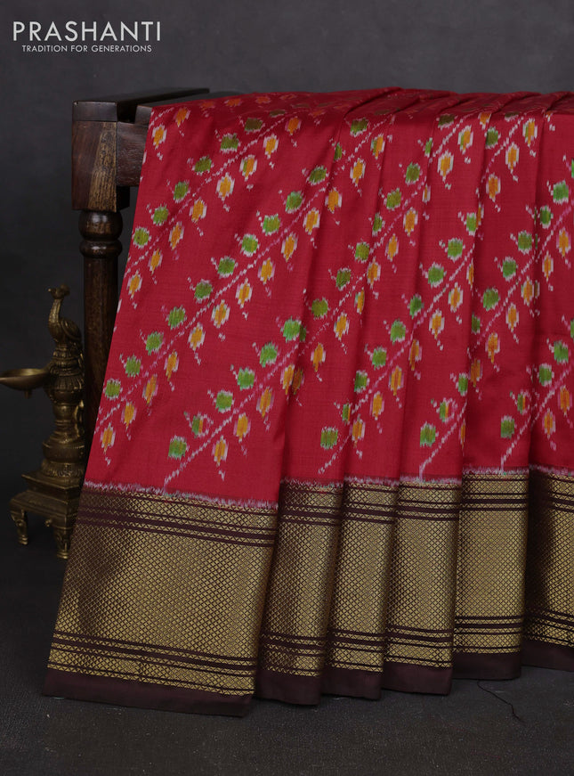 Pochampally silk saree red and coffee brown with allover ikat weaves and zari woven border