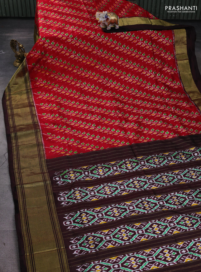 Pochampally silk saree red and coffee brown with allover ikat weaves and zari woven border