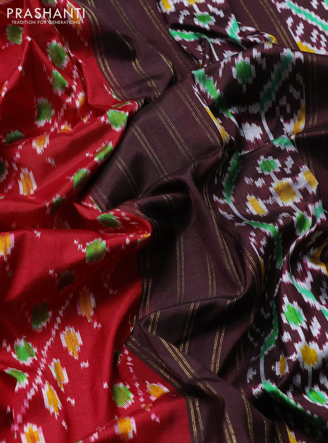 Pochampally silk saree red and coffee brown with allover ikat weaves and zari woven border