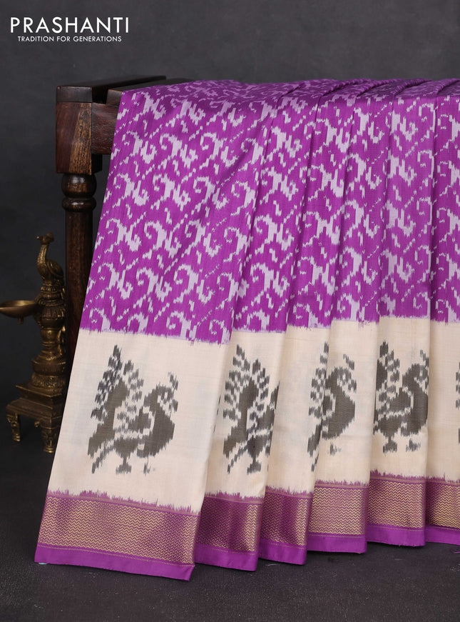 Pochampally silk saree purple and cream with allover ikat weaves and long ikat woven zari border