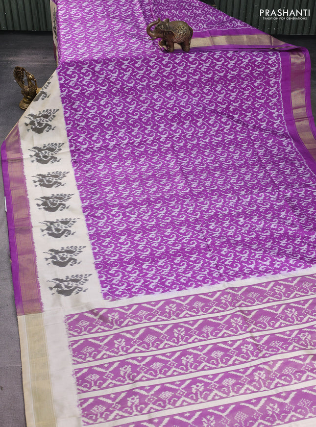 Pochampally silk saree purple and cream with allover ikat weaves and long ikat woven zari border