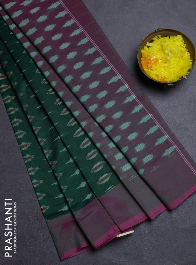 Ikat cotton saree green and dual shade of purple with allover ikat butta weaves and simple border