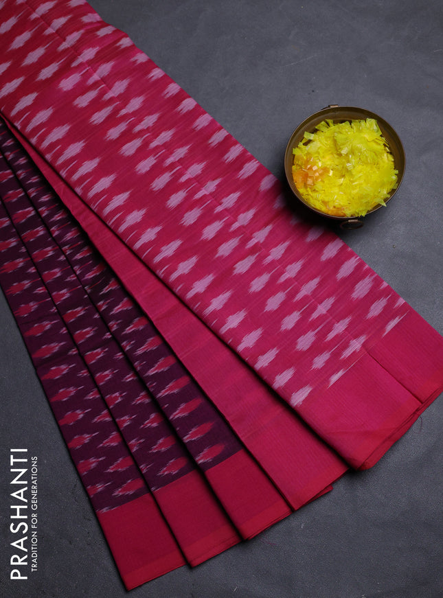 Ikat cotton saree wine shade and dual shade of pink with allover ikat butta weaves and simple border
