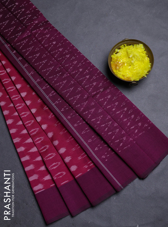 Ikat cotton saree pink and wine shade with allover ikat weaves and simple border