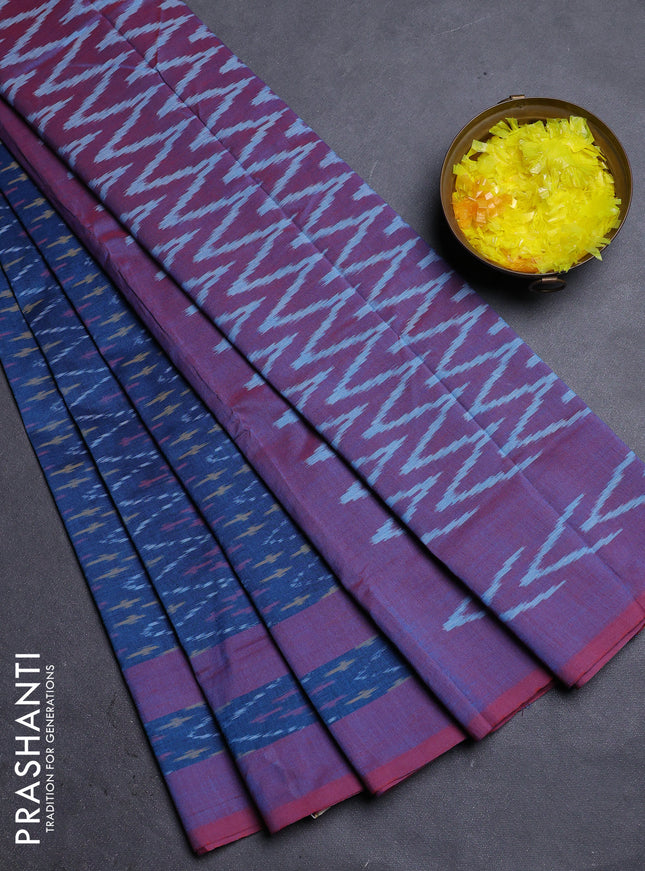 Ikat cotton saree peacock blue and dual shade of maroon with allover ikat weaves and rettapet ikat border
