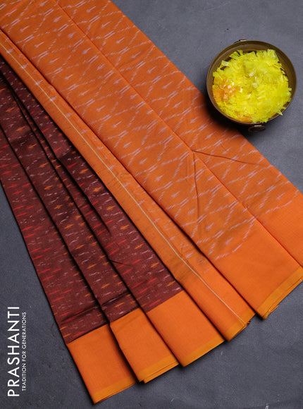 Ikat cotton saree rust shade and mango yellow with allover ikat weaves and simple border