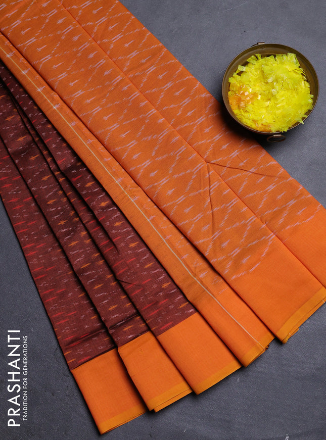 Ikat cotton saree rust shade and mango yellow with allover ikat weaves and simple border