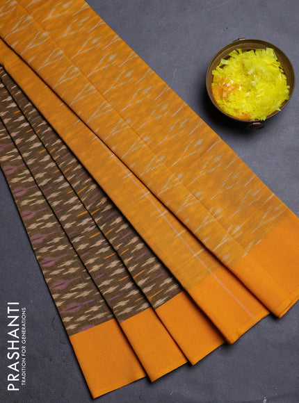Ikat cotton saree dark mustard and yellow with allover ikat weaves and simple border