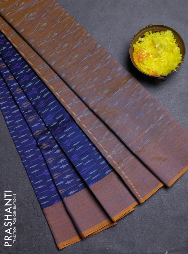 Ikat cotton saree blue and dark mustard with allover ikat weaves and simple border