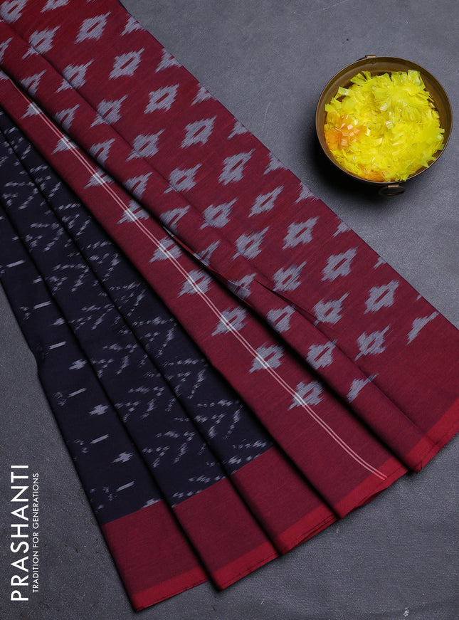 Ikat cotton saree navy blue and maroon with allover ikat weaves and simple border