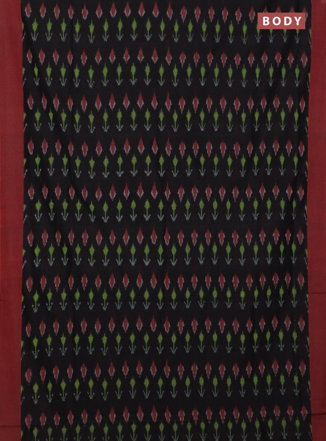 Ikat cotton saree black shade and rust shade with allover ikat butta weaves and simple border