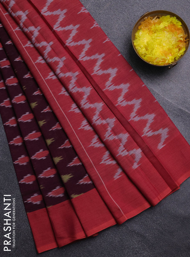 Ikat cotton saree wine shade and rust shade with allover ikat butta weaves and simple border