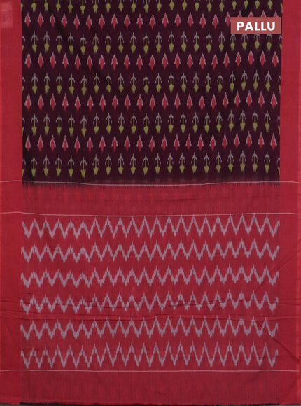 Ikat cotton saree wine shade and rust shade with allover ikat butta weaves and simple border