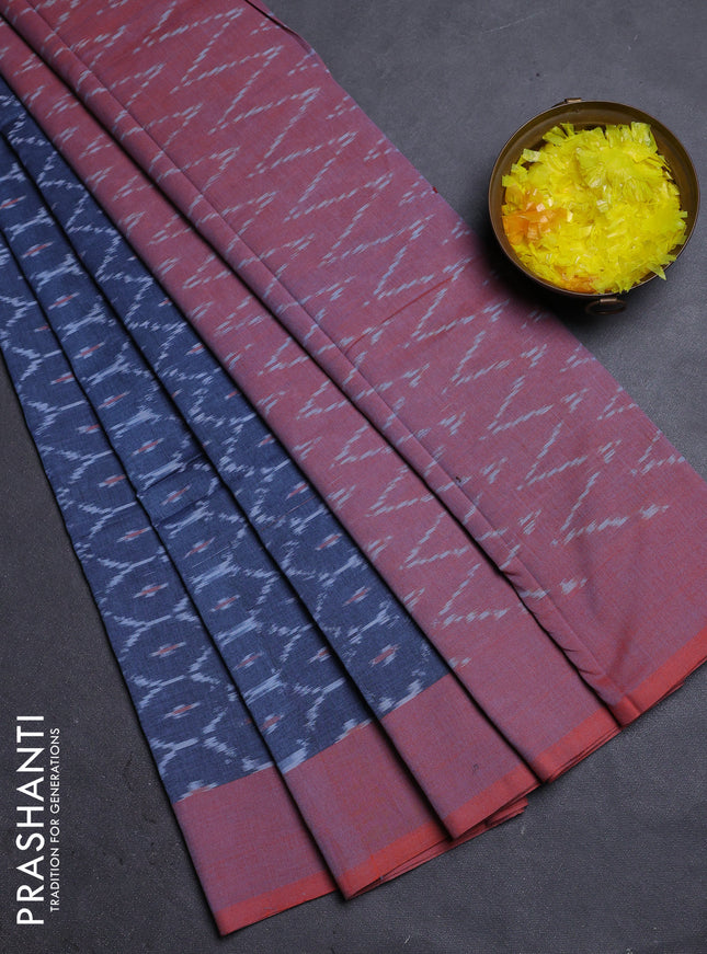 Ikat cotton saree bluish grey and rust shade with allover ikat weaves and rettapet ikat border