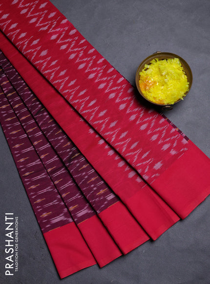 Ikat cotton saree wine shade and red with allover ikat weaves and simple border