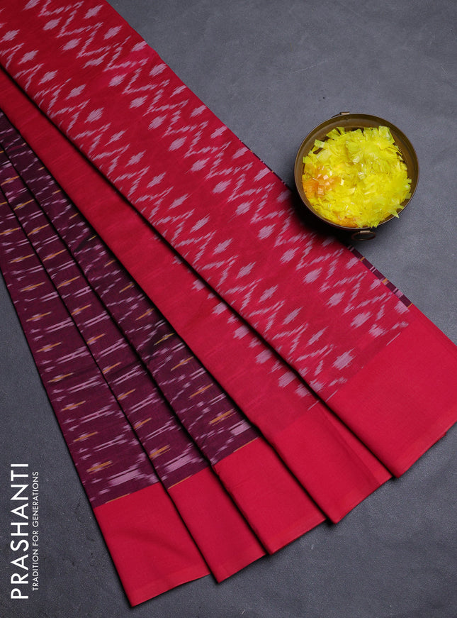 Ikat cotton saree wine shade and red with allover ikat weaves and simple border