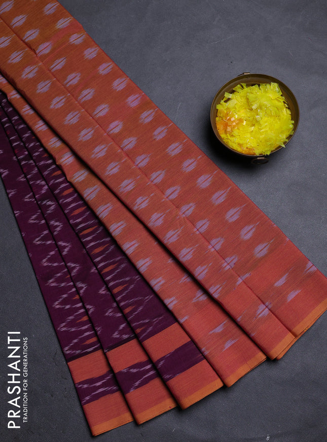 Ikat cotton saree purple and mustard yellow with allover ikat weaves and rettapet ikat border
