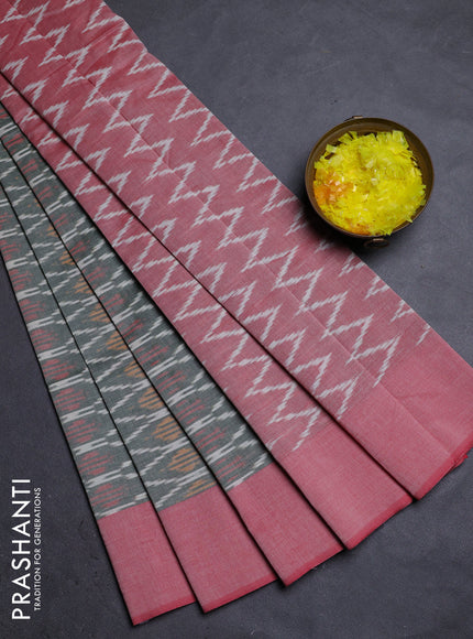Ikat cotton saree greyish green and red with allover ikat weaves and simple border