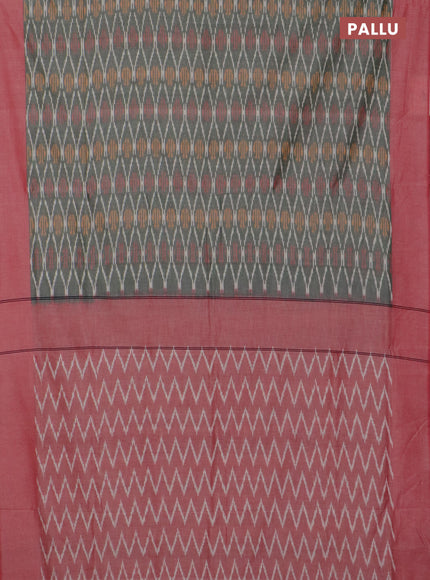 Ikat cotton saree greyish green and red with allover ikat weaves and simple border