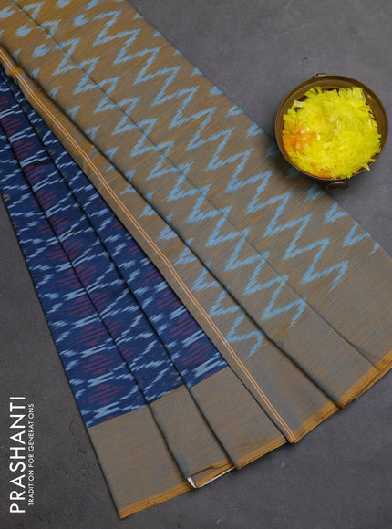 Ikat cotton saree peacock blue and yellow shade with allover ikat weaves and simple border