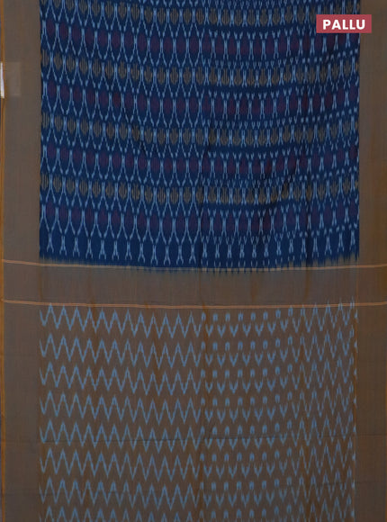 Ikat cotton saree peacock blue and yellow shade with allover ikat weaves and simple border