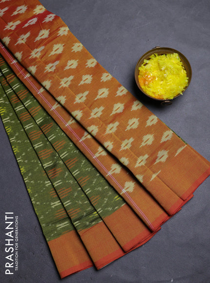 Ikat cotton saree mehendi green and dual shade of red with allover ikat weaves and simple border