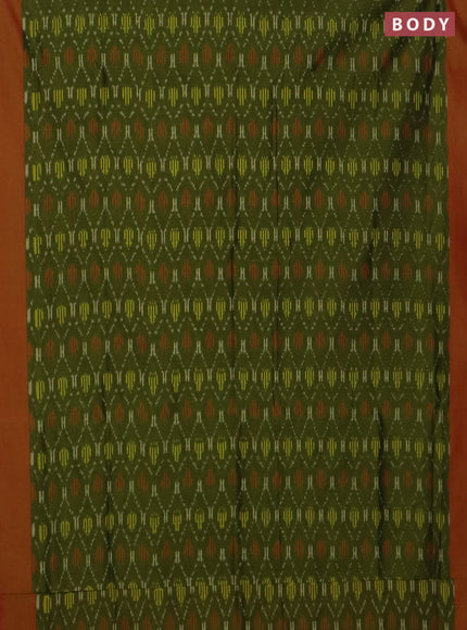 Ikat cotton saree mehendi green and dual shade of red with allover ikat weaves and simple border