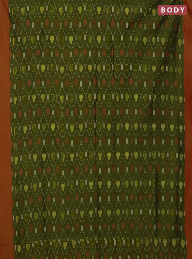 Ikat cotton saree mehendi green and dual shade of red with allover ikat weaves and simple border