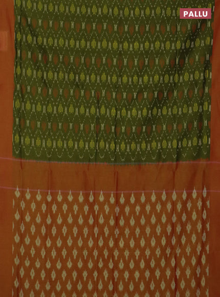Ikat cotton saree mehendi green and dual shade of red with allover ikat weaves and simple border