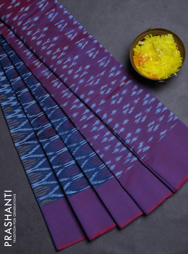 Ikat cotton saree peacock blue shade and dual shade of purple with allover ikat butta weaves and simple border