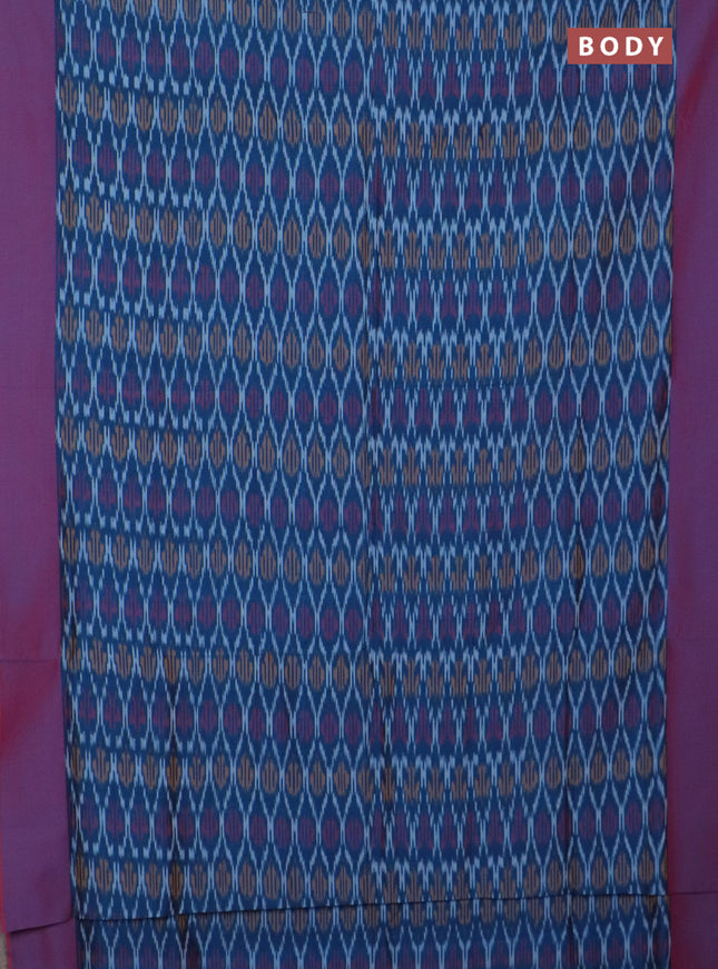Ikat cotton saree peacock blue shade and dual shade of purple with allover ikat butta weaves and simple border