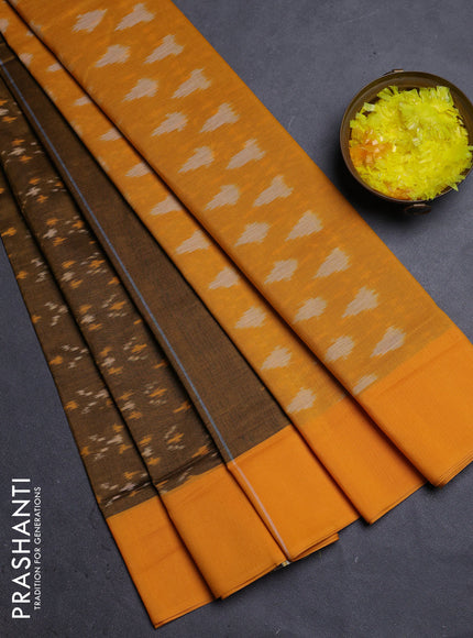 Ikat cotton saree dark mustard and mango yellow with allover ikat weaves and simple border