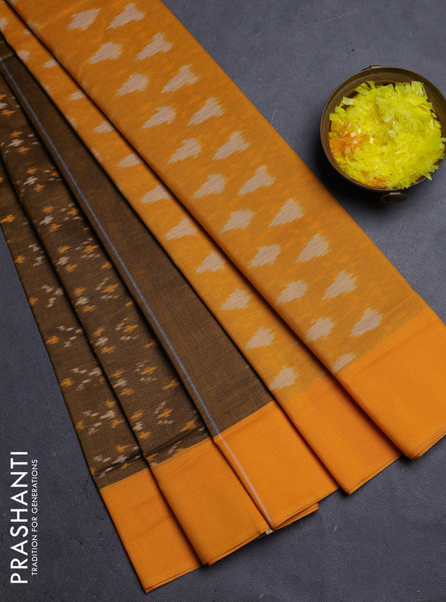 Ikat cotton saree dark mustard and mango yellow with allover ikat weaves and simple border