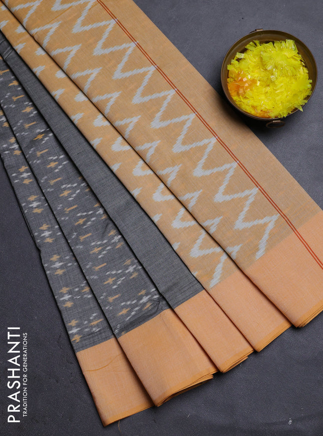 Ikat cotton saree grey and yellow with allover ikat weaves and simple border