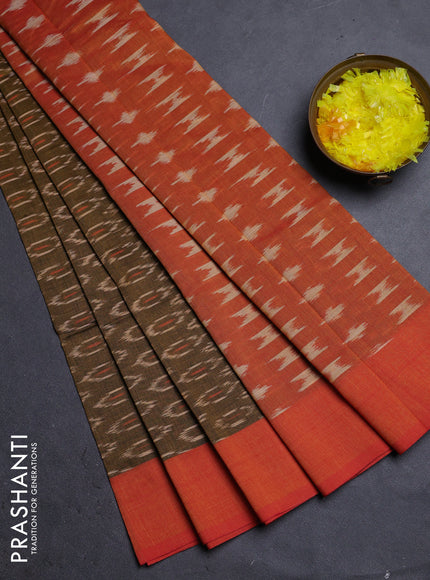 Ikat cotton saree mehendi green and sunset orange with allover ikat butta weaves and simple border