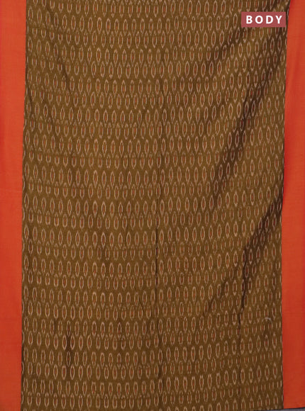 Ikat cotton saree mehendi green and sunset orange with allover ikat butta weaves and simple border