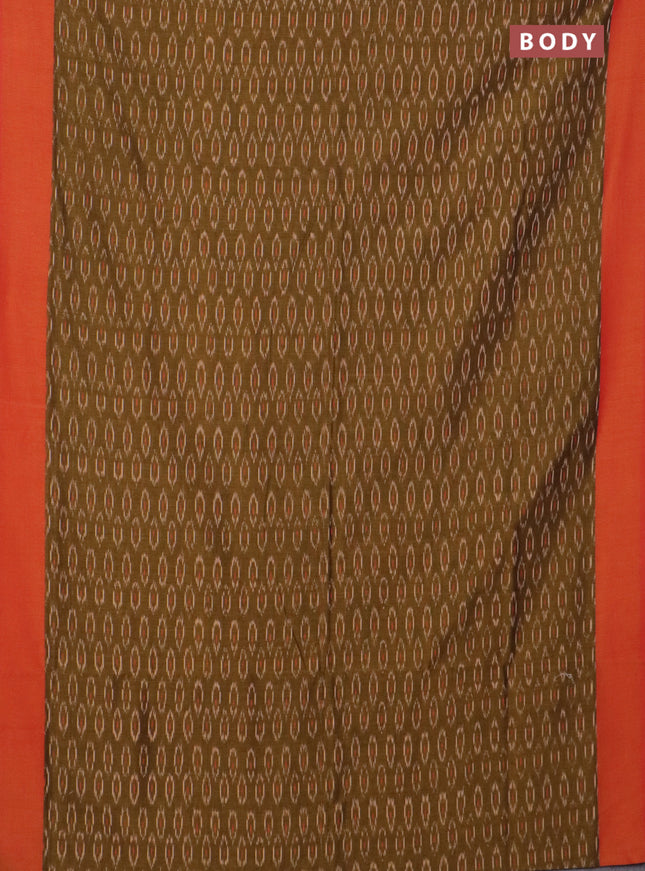 Ikat cotton saree mehendi green and sunset orange with allover ikat butta weaves and simple border