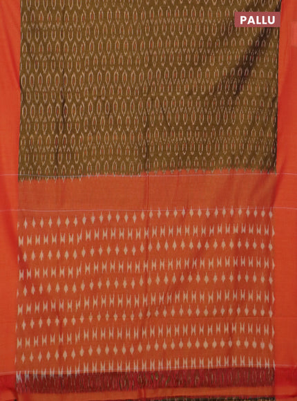 Ikat cotton saree mehendi green and sunset orange with allover ikat butta weaves and simple border