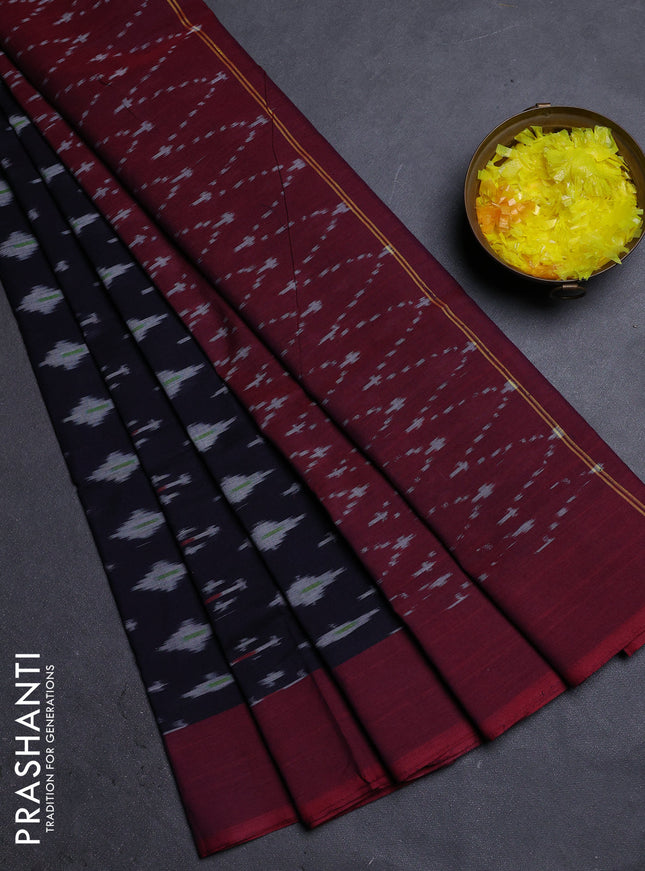 Ikat cotton saree deep navy blue and maroon with allover ikat butta weaves and rettapet ikat border