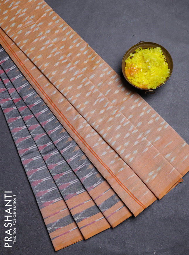 Ikat cotton saree grey and orange with allover ikat weaves and rettapet ikat border