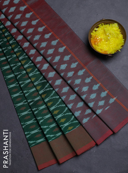 Ikat cotton saree green and dual shade of maroon with allover ikat weaves and simple border