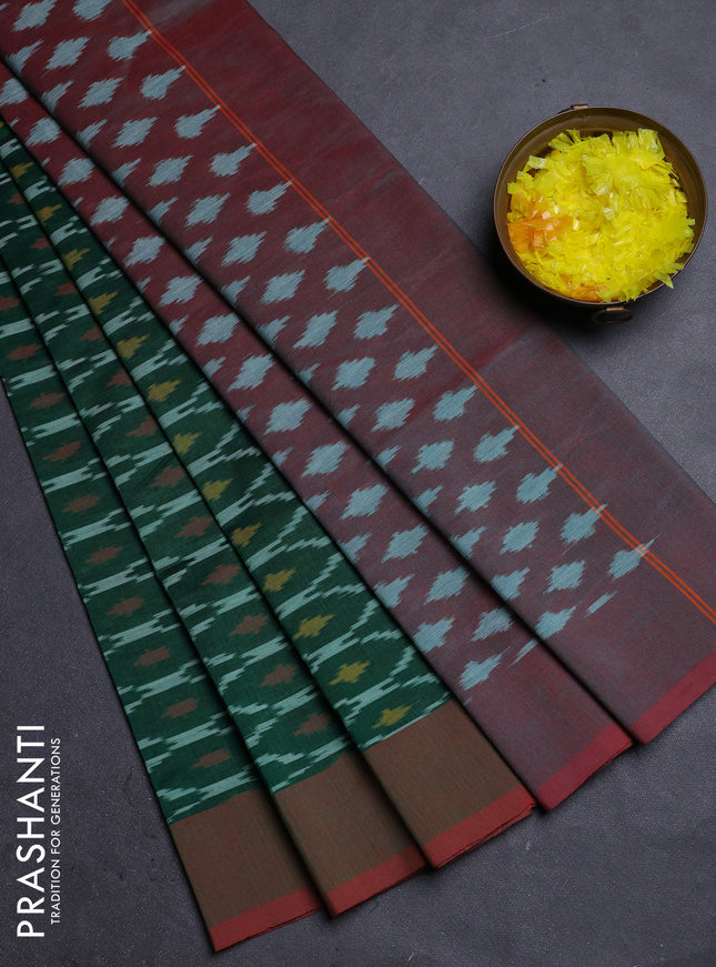 Ikat cotton saree green and dual shade of maroon with allover ikat weaves and simple border