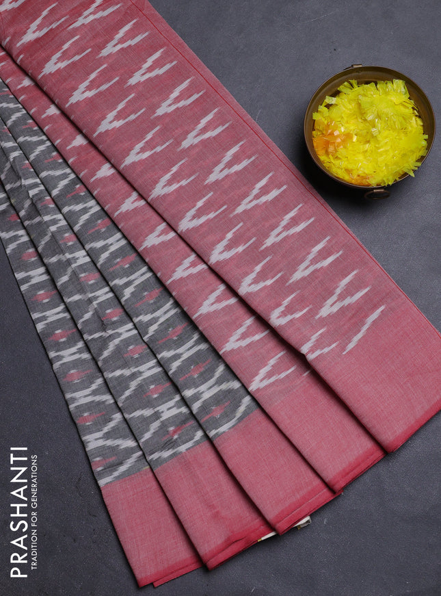 Ikat cotton saree grey and red with allover ikat weaves and simple border