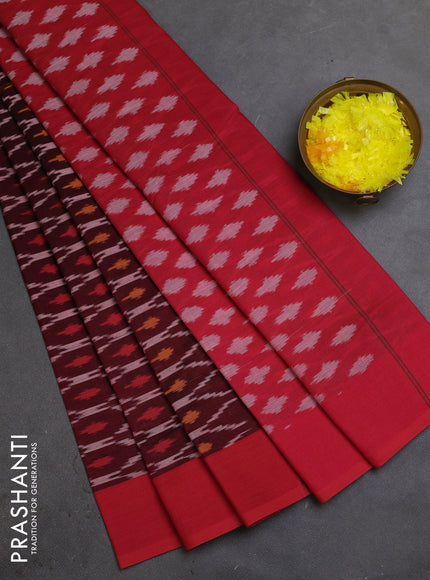 Ikat cotton saree deep maroon and maroon with allover ikat weaves and simple border
