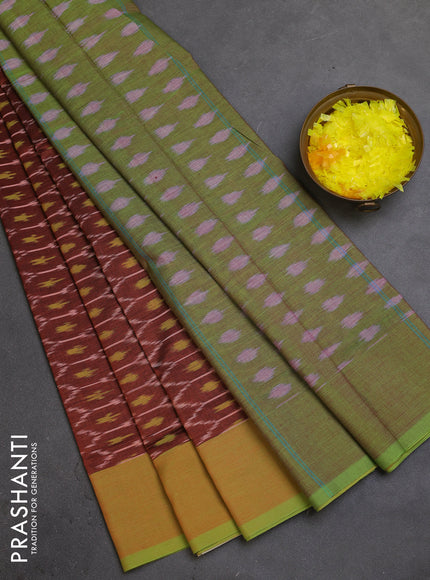 Ikat cotton saree rust shade and dual shade of green with allover ikat weaves and simple border